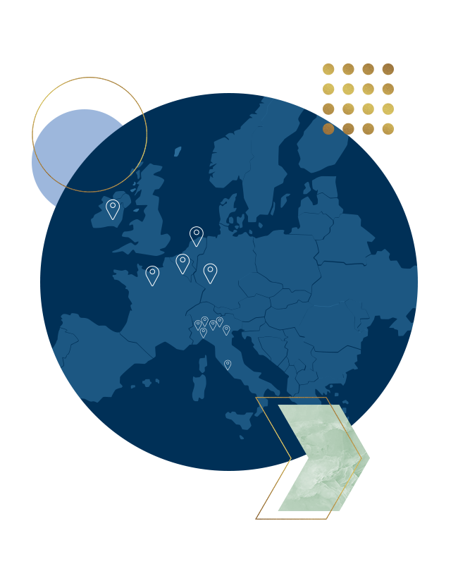 Abstract infographic of a dark blue globe showing Europe with location pins scattered across the map, set against a light blue background with geometric shapes and a pale hexagonal overlay.