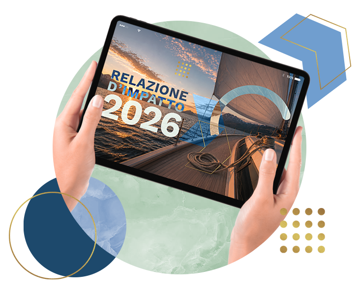Hands hold a tablet showing a sailing scene and the words 'Relazioni d’Impatto 2026' against a decorative collage background.