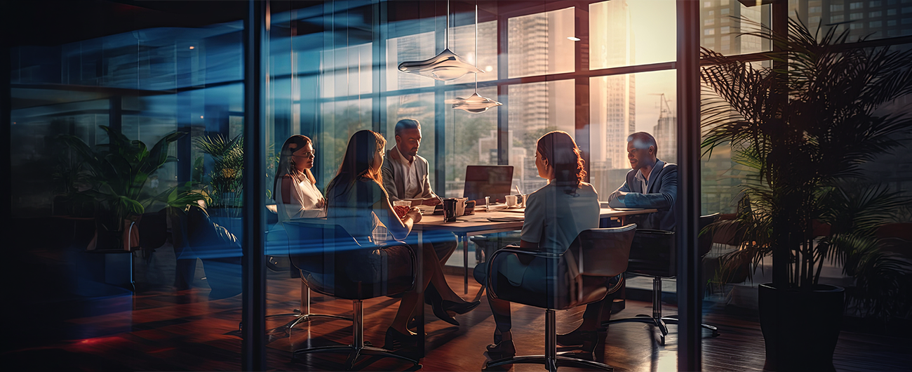 Six professionals gathered around a glass-walled conference table, laptops open as they discuss in a modern office.