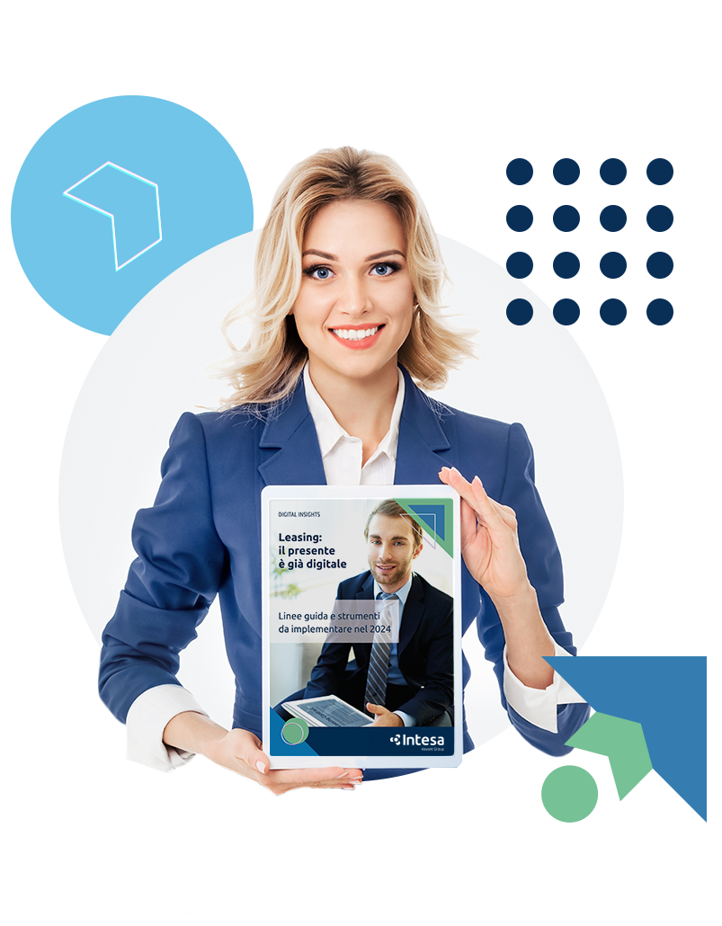 Professional woman in a blue blazer presenting a digital leasing brochure.
