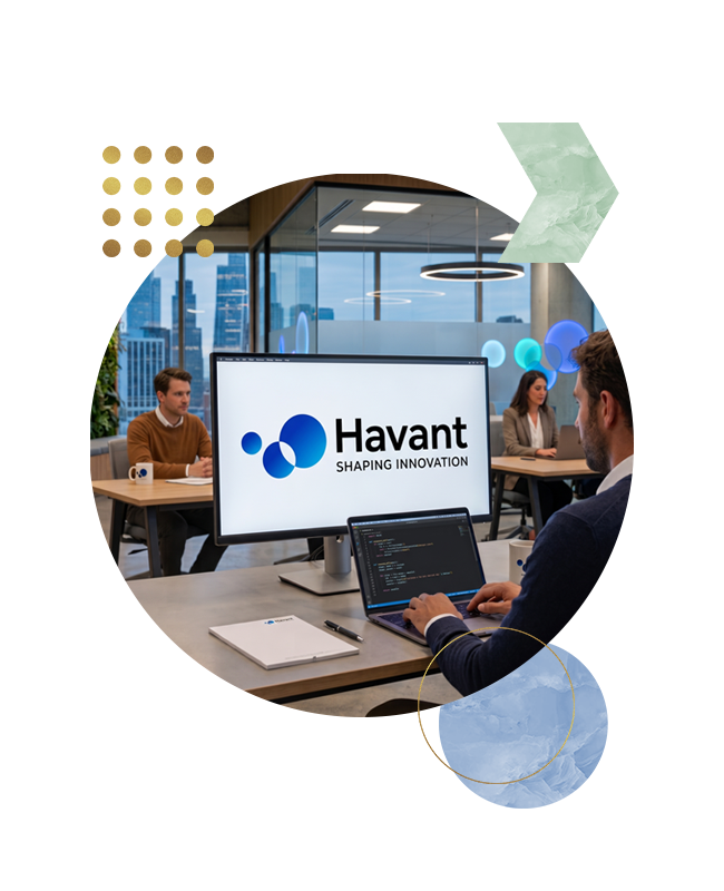 A team of developers collaborating in a modern office; a monitor on the desk shows the Havant logo and 'Shaping Innovation' text.
